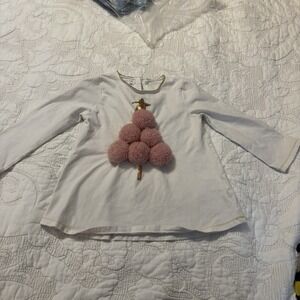 Girls 3T Mud Pie Long Sleeve Top Off-White Pink Pom-Poms As A‎ Christmas Tree